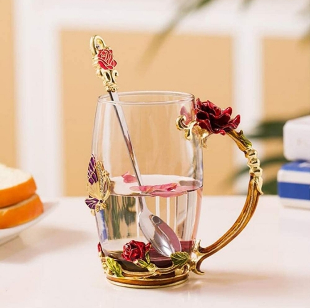 Handicraft Crystal Glass 3DFlower Cups Tea Mug With Tea Spoon Coffee Tea Juice